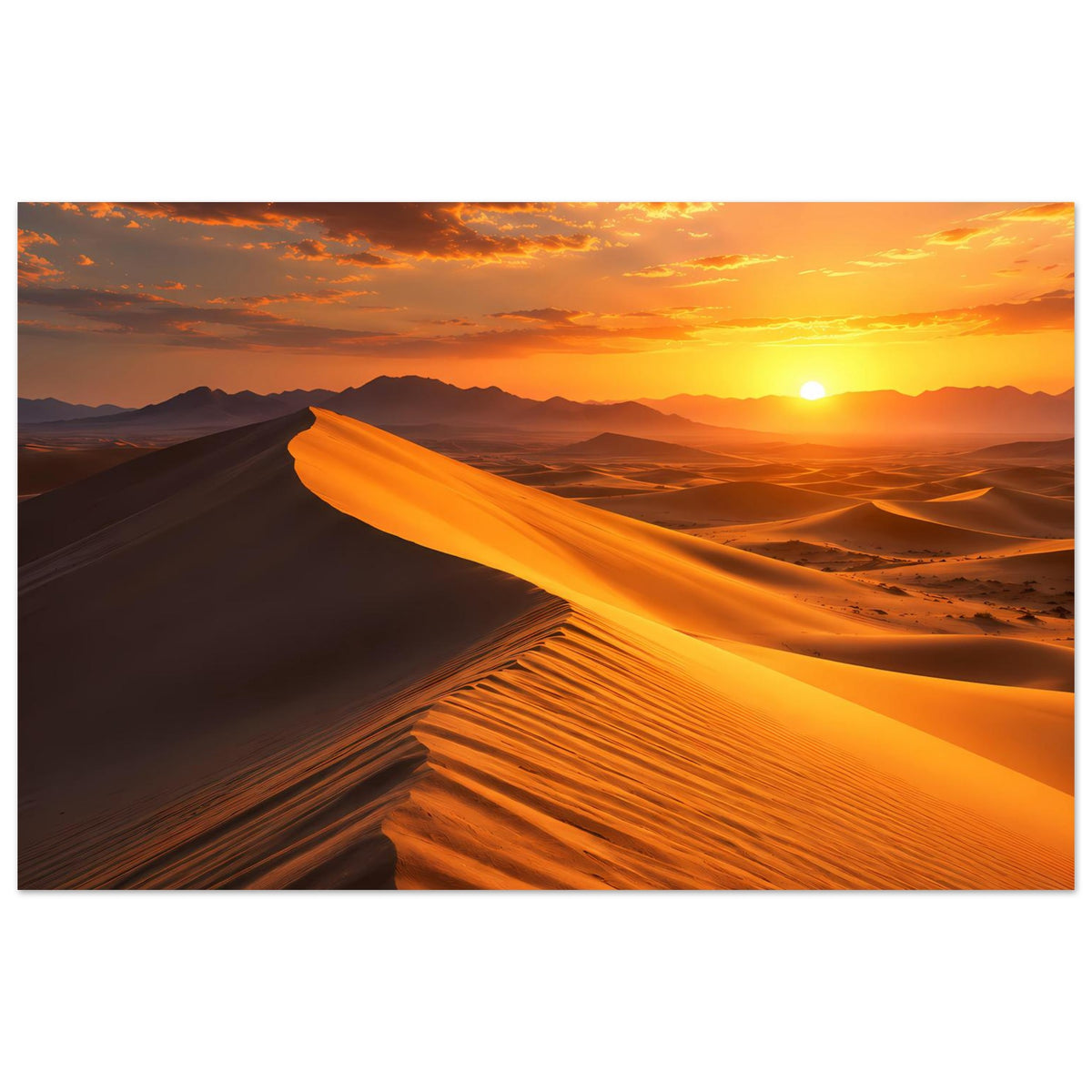 Wüstenlandschafts-Poster mit orangefarbenen Sanddünen und hellem Sonnenuntergangslicht