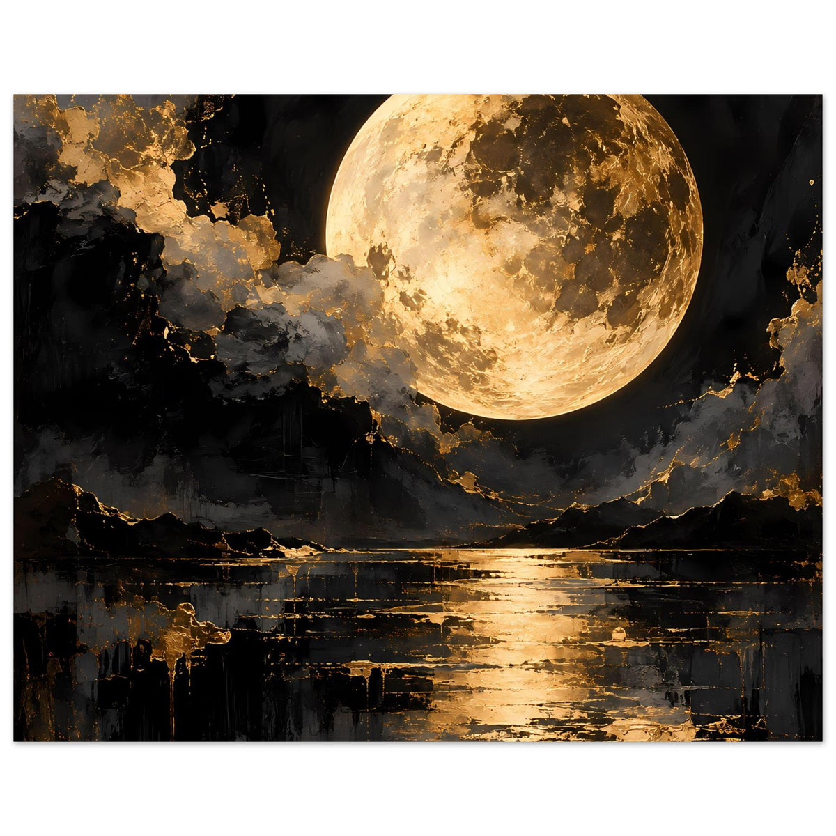 Rechteckiges Wandposter: goldener Vollmond über schwarzer Wasserfläche mit goldenen Streifen