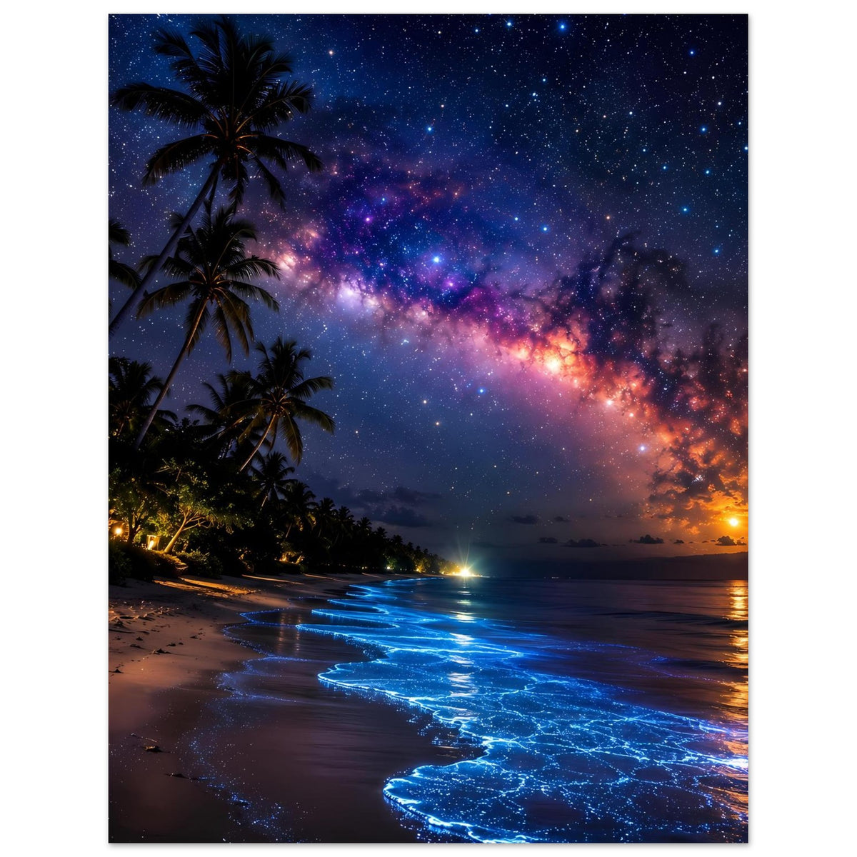 Poster tropischer Nachtstrand im Hochformat: Palmen, blaue Wellen, Sternen-Milchstraße