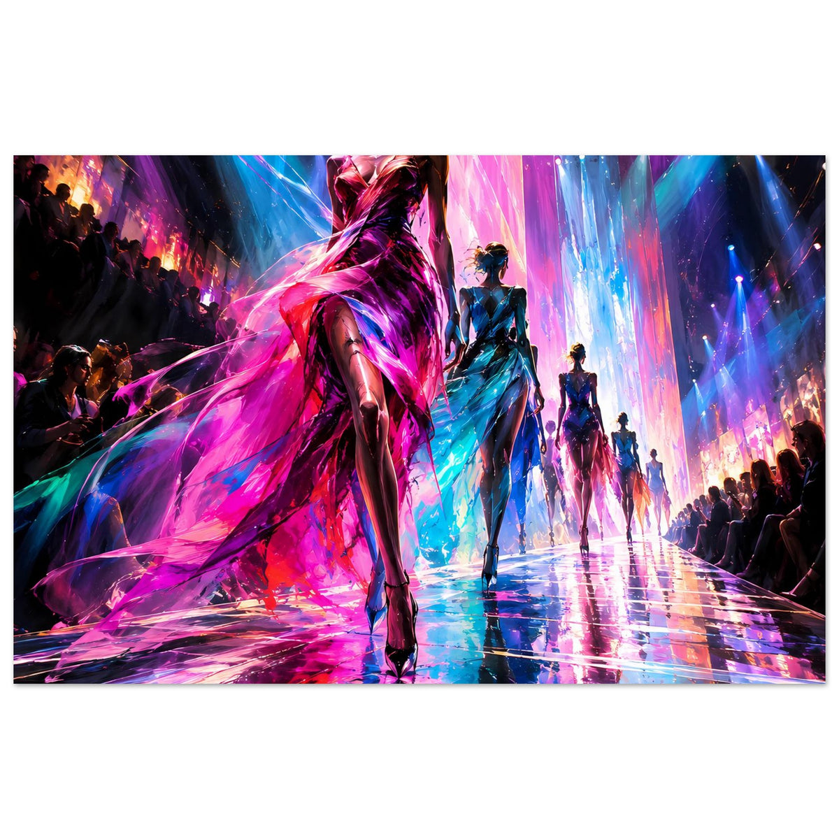 Horizontales Runway-Poster: Frau im schwarzen Kleid, bunte Lichteffekte, Silhouetten am Rand