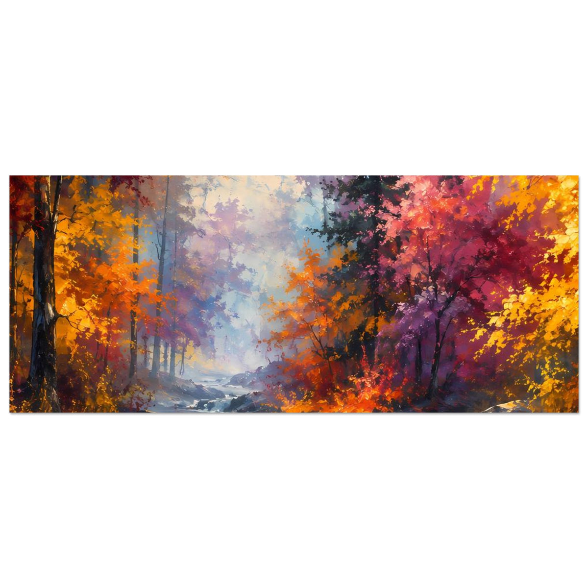 Querformatiges Panorama-Poster mit Herbstwald, Fluss und Wasserfall, kräftige Farbspritzer