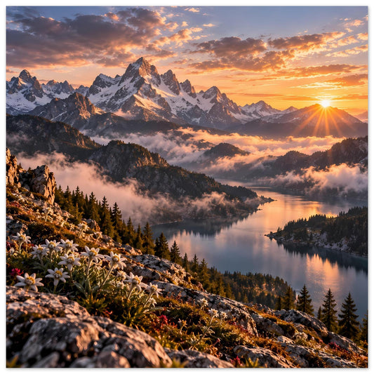 Quadratisches Poster mit Alpengebirge, See und Sonnenuntergang, Blumen am Vordergrund