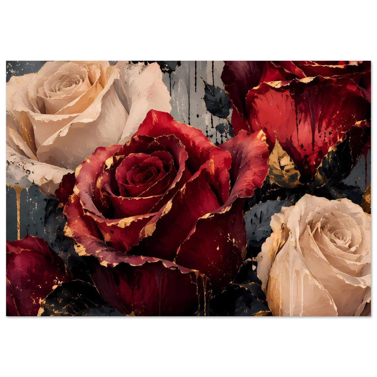 Kunstposter mit creme- und bordeauxfarbenen Rosen, goldenen Sprenkeln auf dunklem Hintergrund
