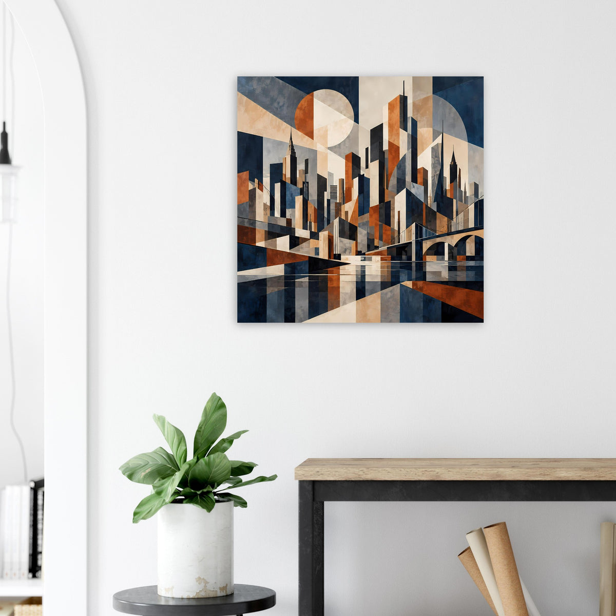 Geometrisches Poster mit Skyline, großen Kreisflächen und rostfarbenen Akzenten