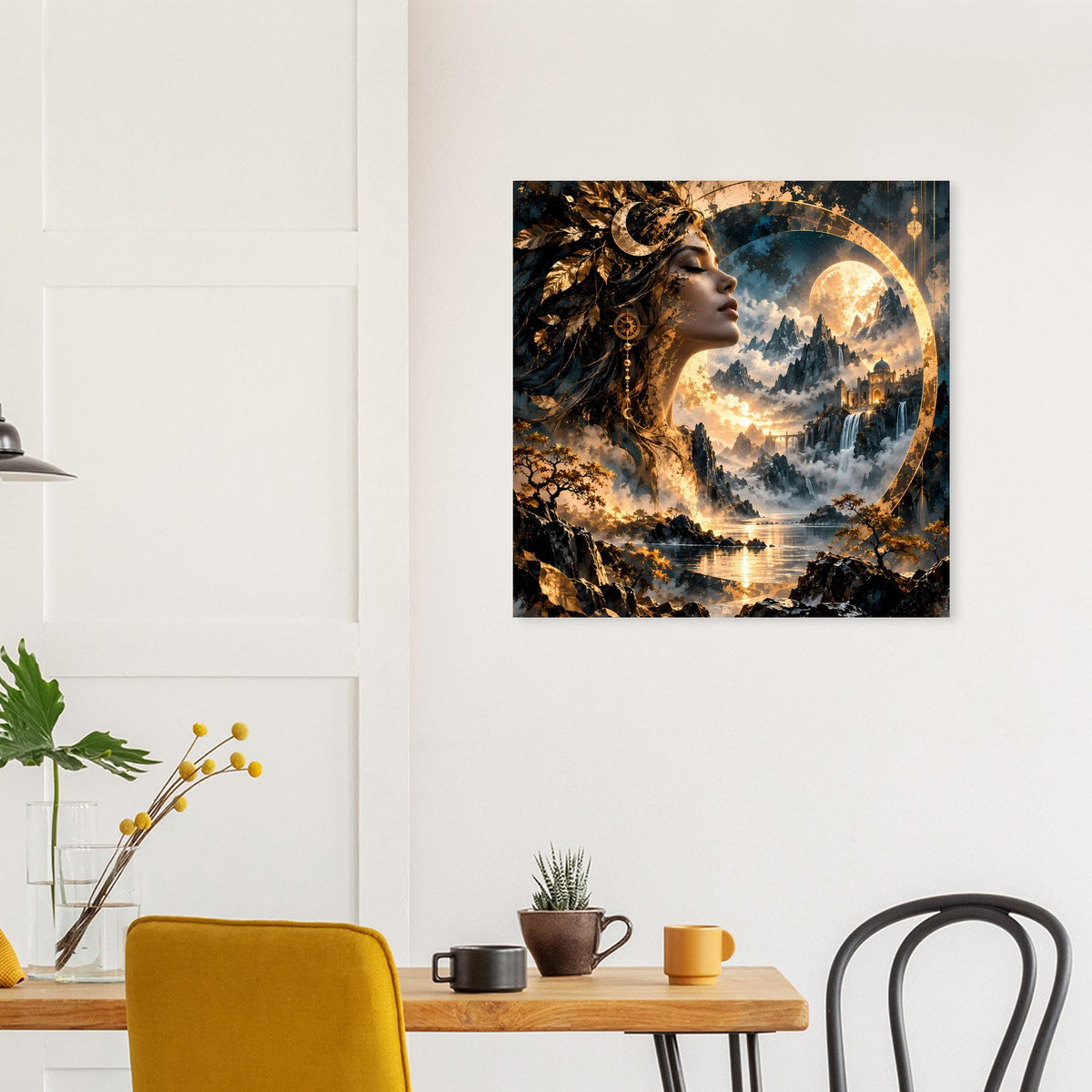 Quadratisches Poster mit Göttinprofil, großer Mond, Waldszene und Himmelsschimmer in Blau-Gold
