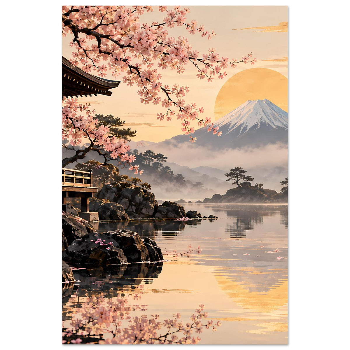 Vertikales Poster: Kirschblütenast, Berg Fuji im Abendhimmel, See mit Spiegelung