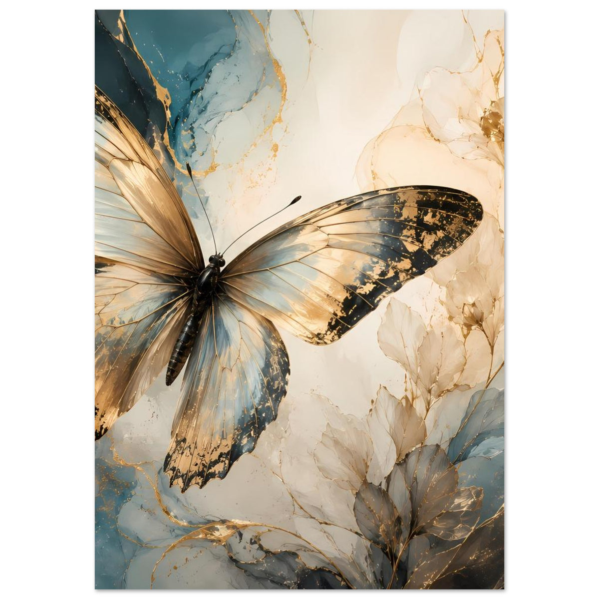 Kunstposter mit Schmetterling und goldfarbenem Flügelmuster, umgeben von beigen Blättern