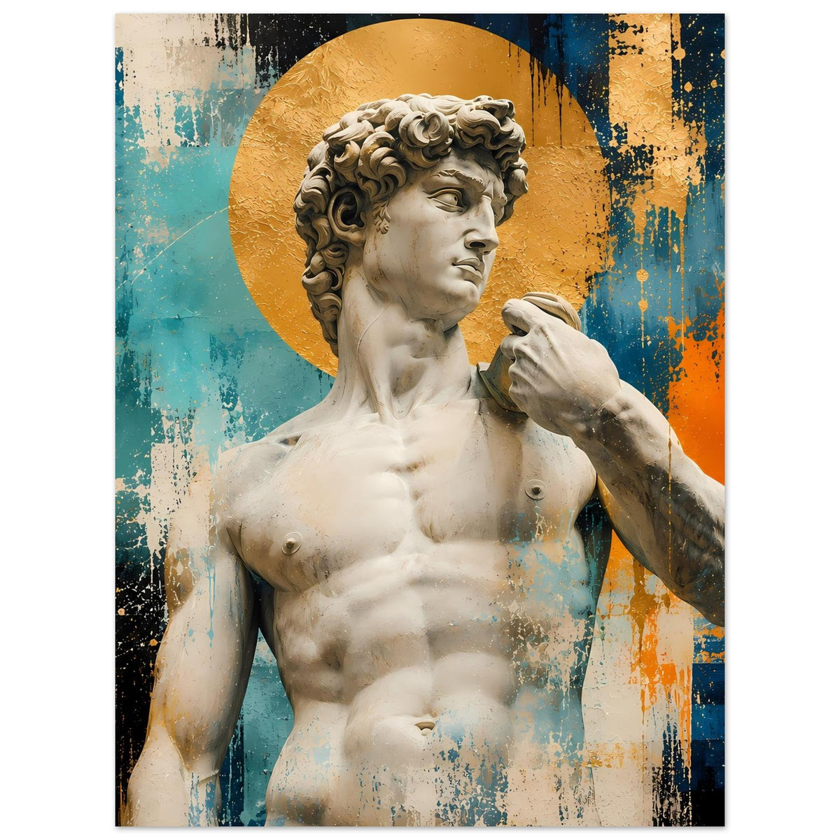 Poster: Michelangelos David als Marmorskulptur, Blick nach rechts, goldener Kreis