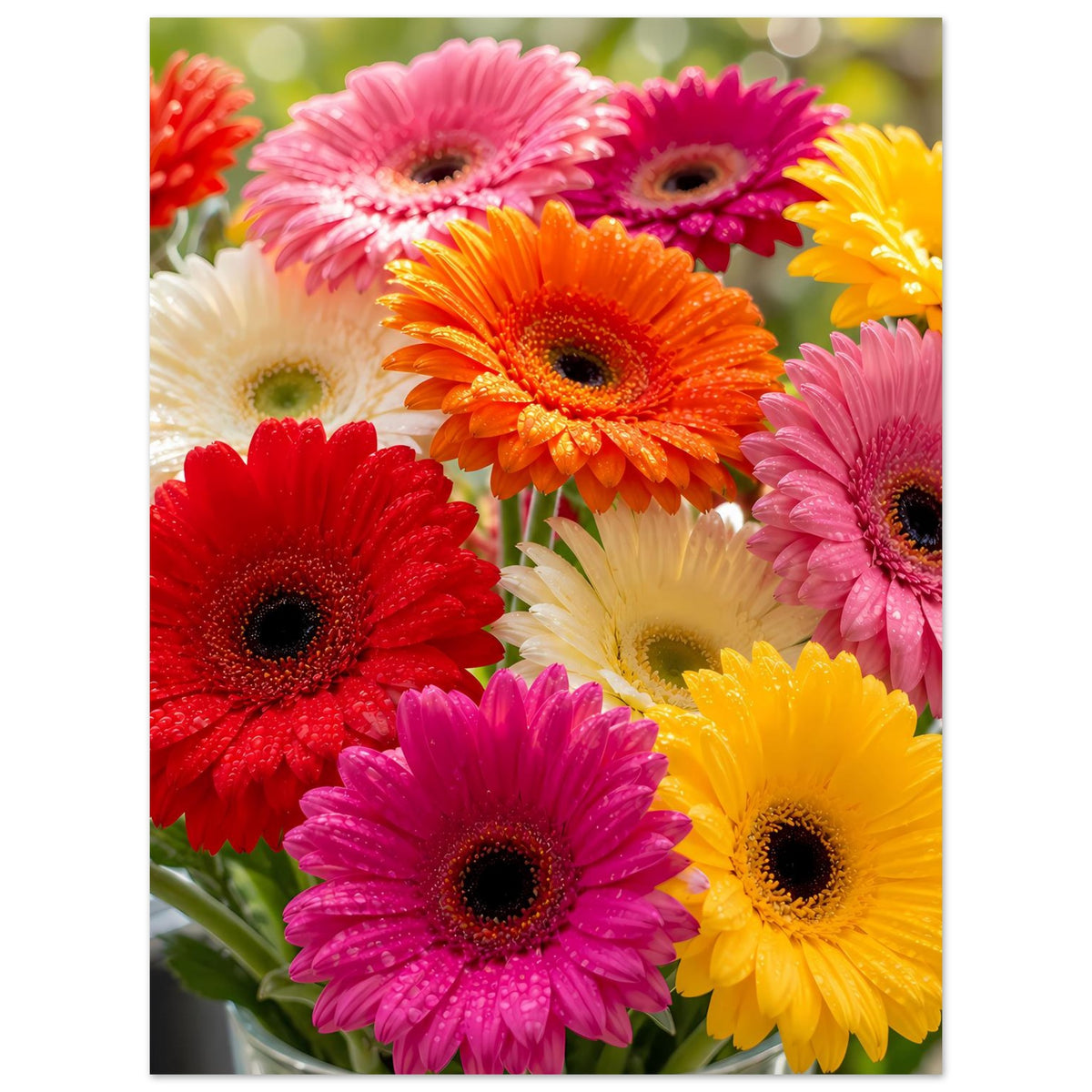 Gerbera-Blumenposter im Hochformat mit farbenfrohen Gerbera-Blüten in Pink, Rot, Gelb und Weiß