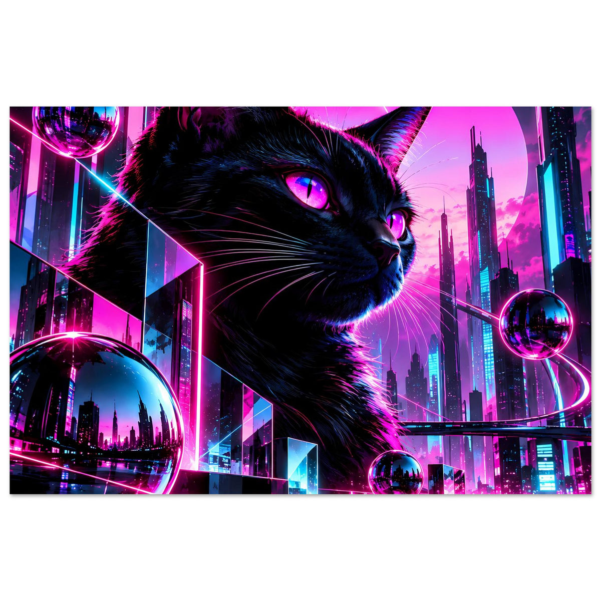Neonkatzen-Poster mit schwarzem Kater, pink-blauen Lichtern und futuristischer Skyline