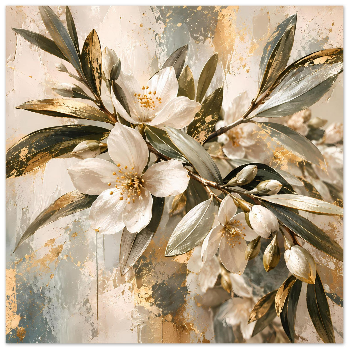 Blumenposter: weiße Blüten und goldene Farbakzente, ergänzt durch grüne Blätter und Zweige.