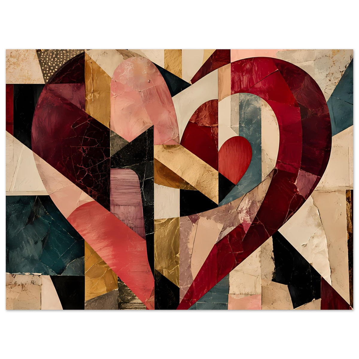 Abstraktes Herz-Cubist-Poster, Detailansicht des Herzmotivs mit erdigen Rot- und Beigetönen