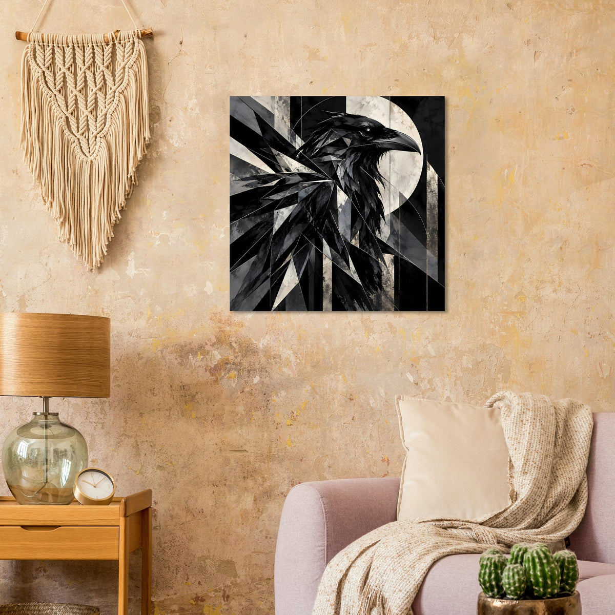 Rechteckiges Kunstposter mit geometrischem Rabenmotiv, schwarz-weiß, diagonale Streifen