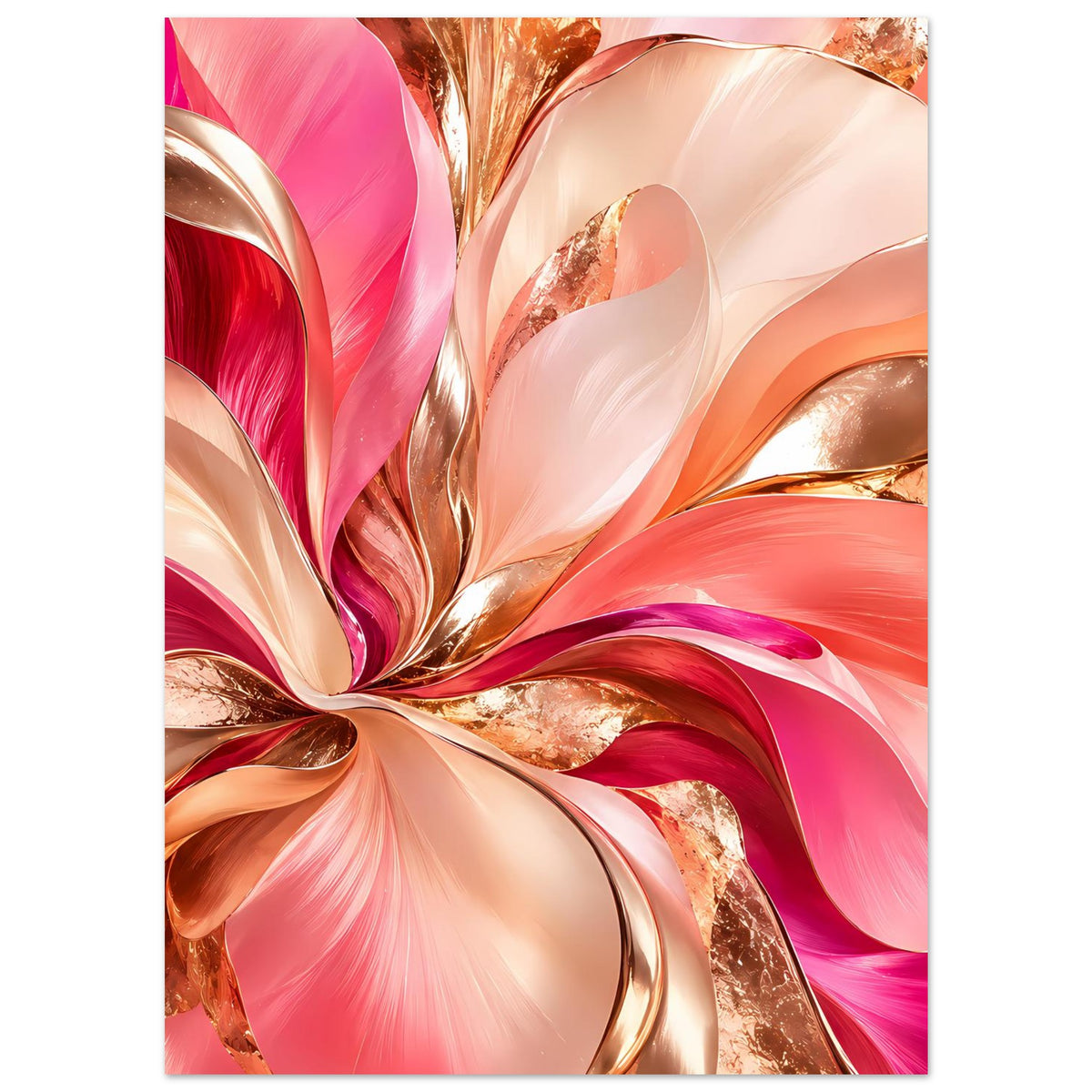 Abstraktes Blumenposter, rosa Farbstreifen mit goldenen Glanzflächen und beigen Tönen