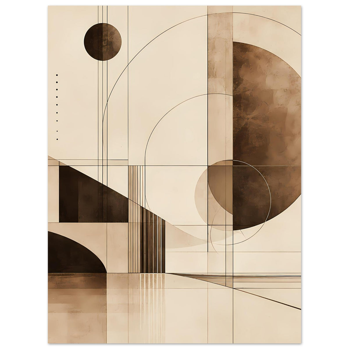 Geometrischer Kunstdruck mit Punkten, geschwungenen Linien und dunklen Kreisformen.