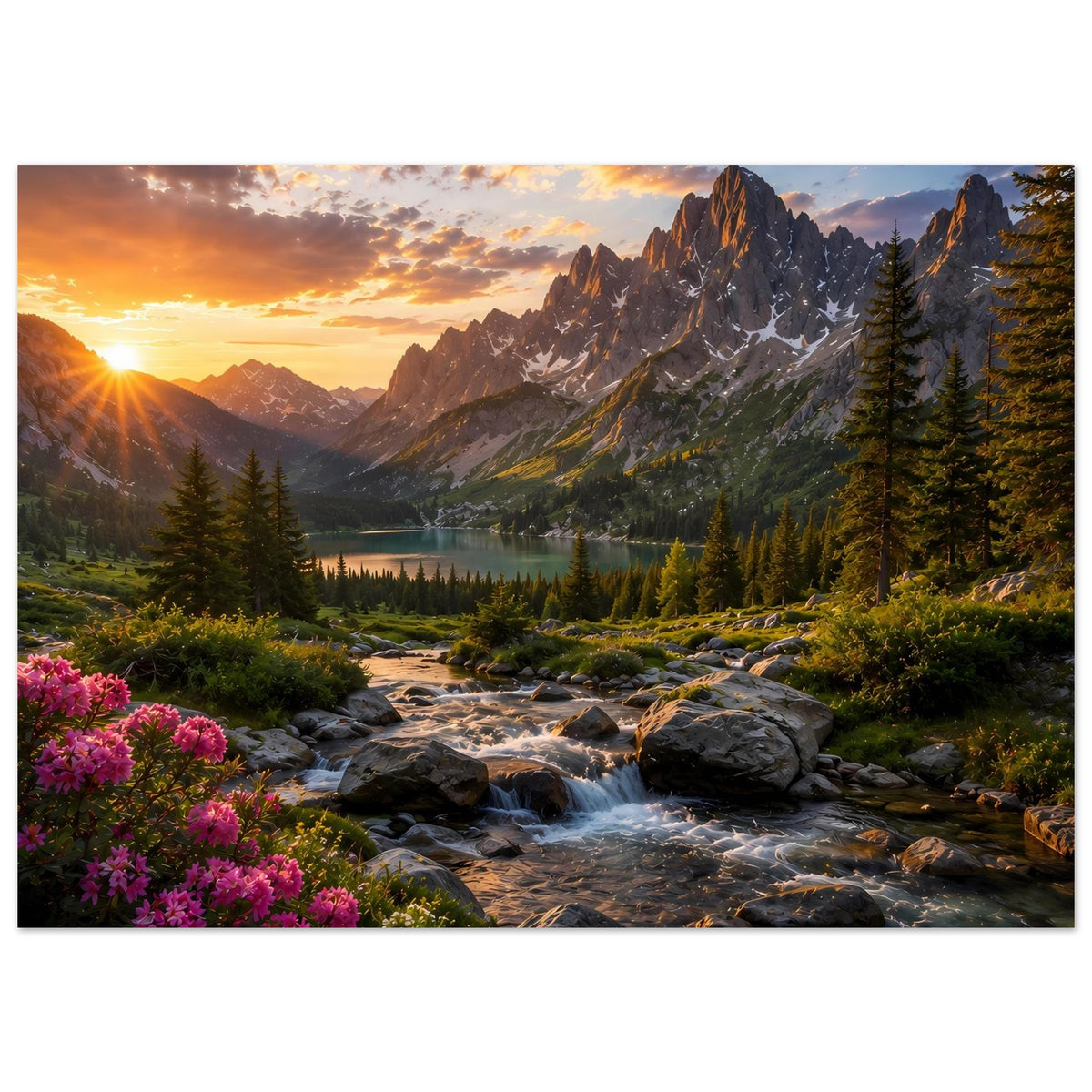 Querformat-Poster mit Sonnenstrahlen über Bergkette, Fluss mit Steinen und violette Blüten