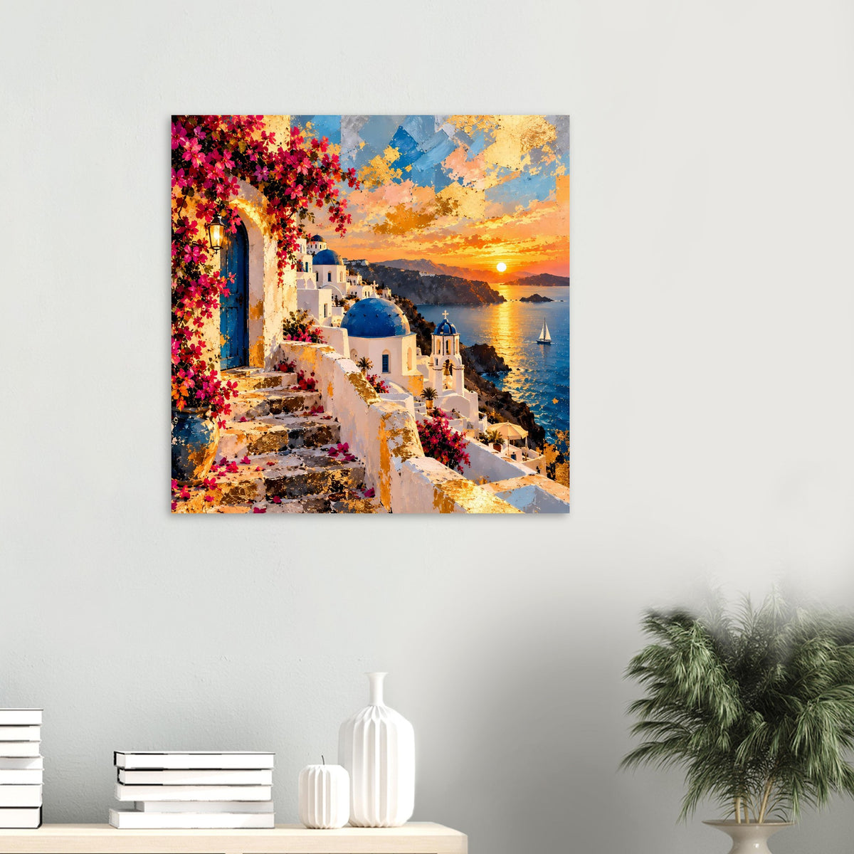 Poster Santorini mit Küstenansicht: weiße Gasse, blaue Kuppeln und Sonnenuntergang