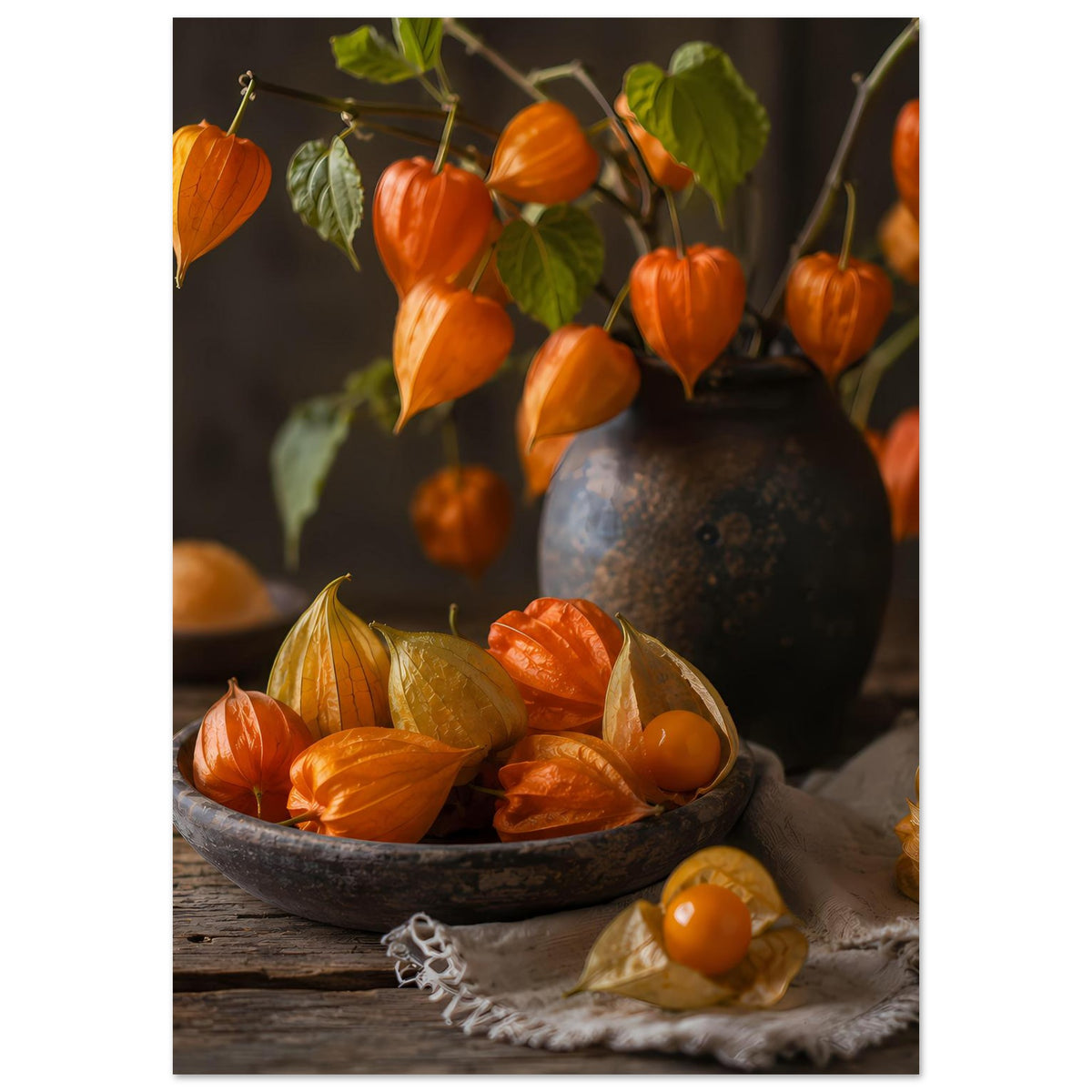 Herbstposter mit orangefarbenen Kürbissen, Schüssel und Deko-Blättern an Zweigen