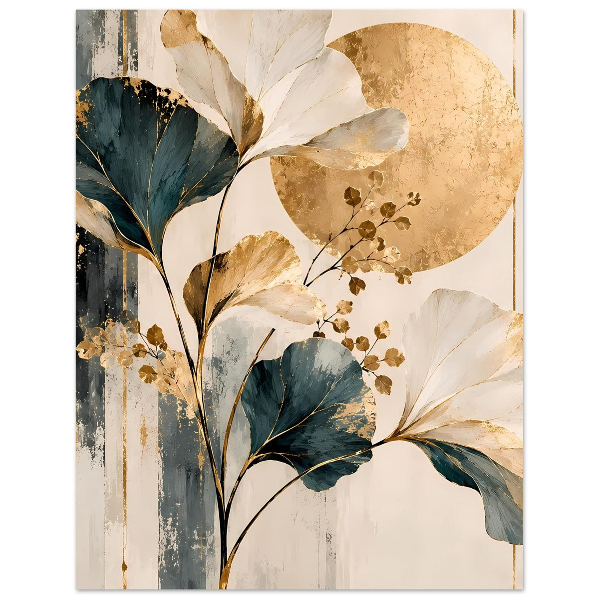Poster mit goldener Sonnenscheibe, Ginkgoblättern und gezeichneten Linien im Hintergrund