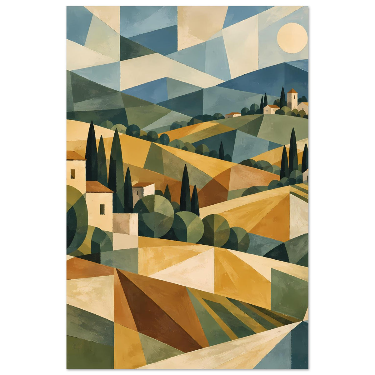 Poster mit geometrischer Toskana-Landschaft, Hügelhäusern, Zypressen und Mond in warmen Erdtönen