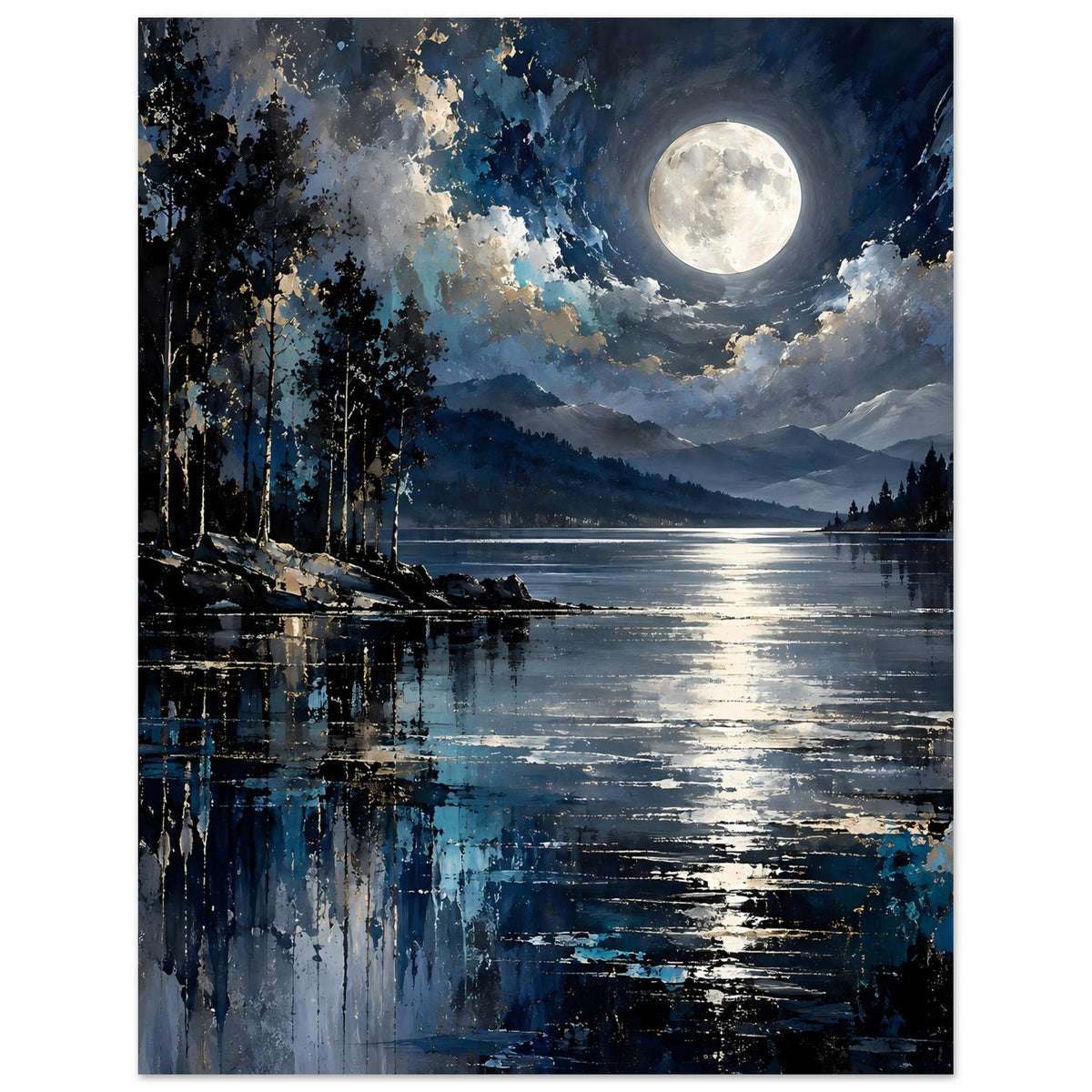 Landschaftsposter (hochkant): Mond über ruhigem See, silbrige Reflexstreifen und dunkle Baumreihe.