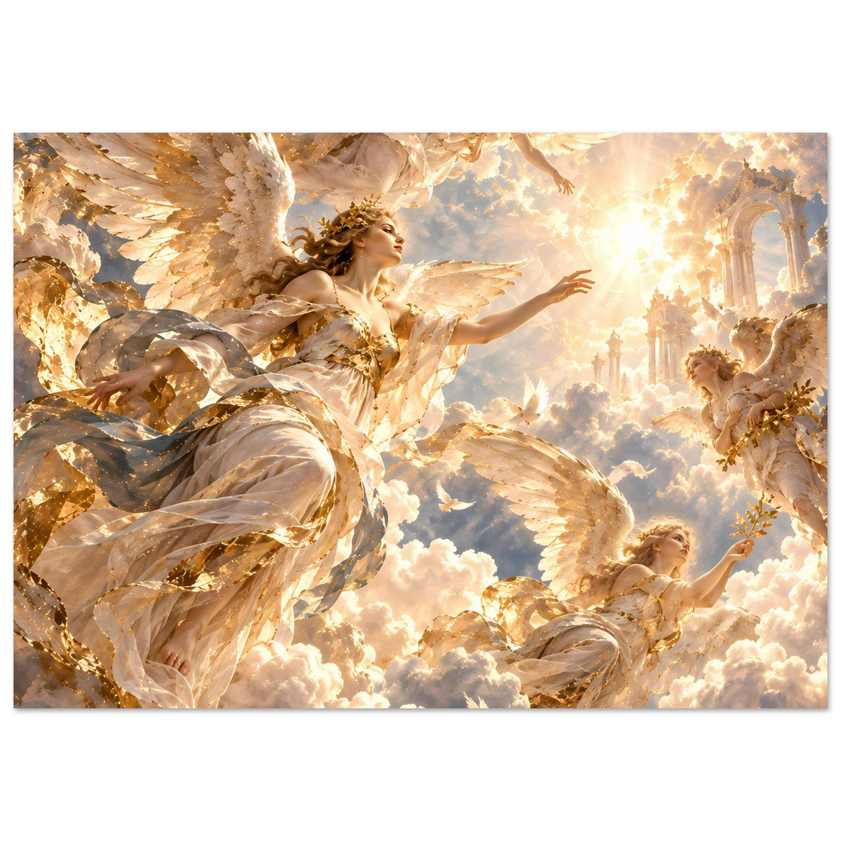 Goldener Engel auf Premium-Mattposter mit Flügeln, Schriftzug-freier Darstellung über goldenen Wolken