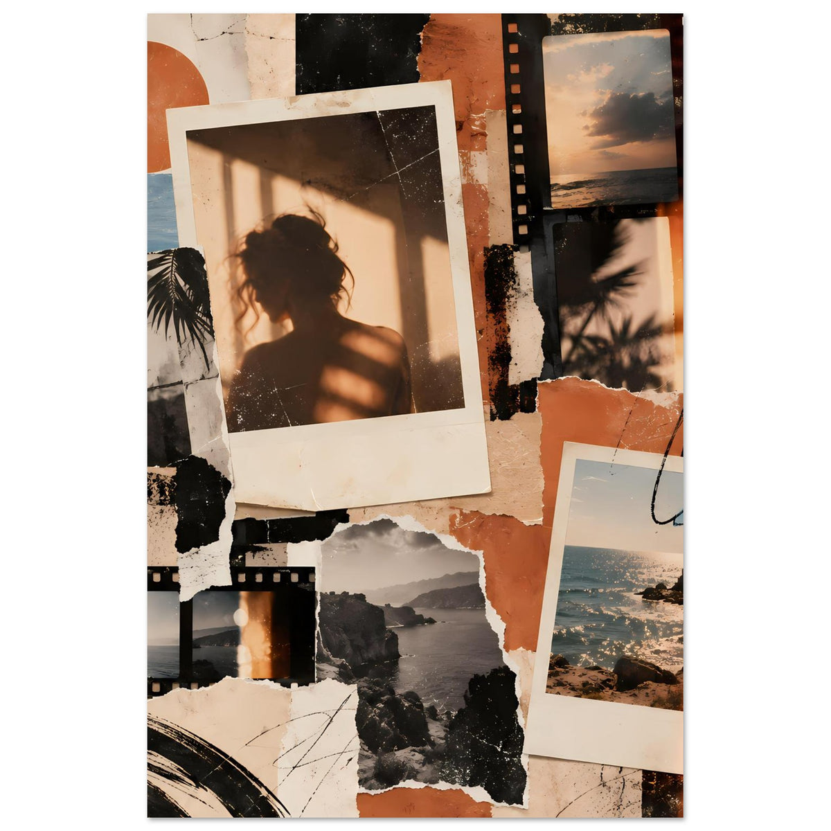 Vintage Collage-Poster, mittig, mit Sonnenlicht-Porträt, Landschaftsfoto und Filmstreifen