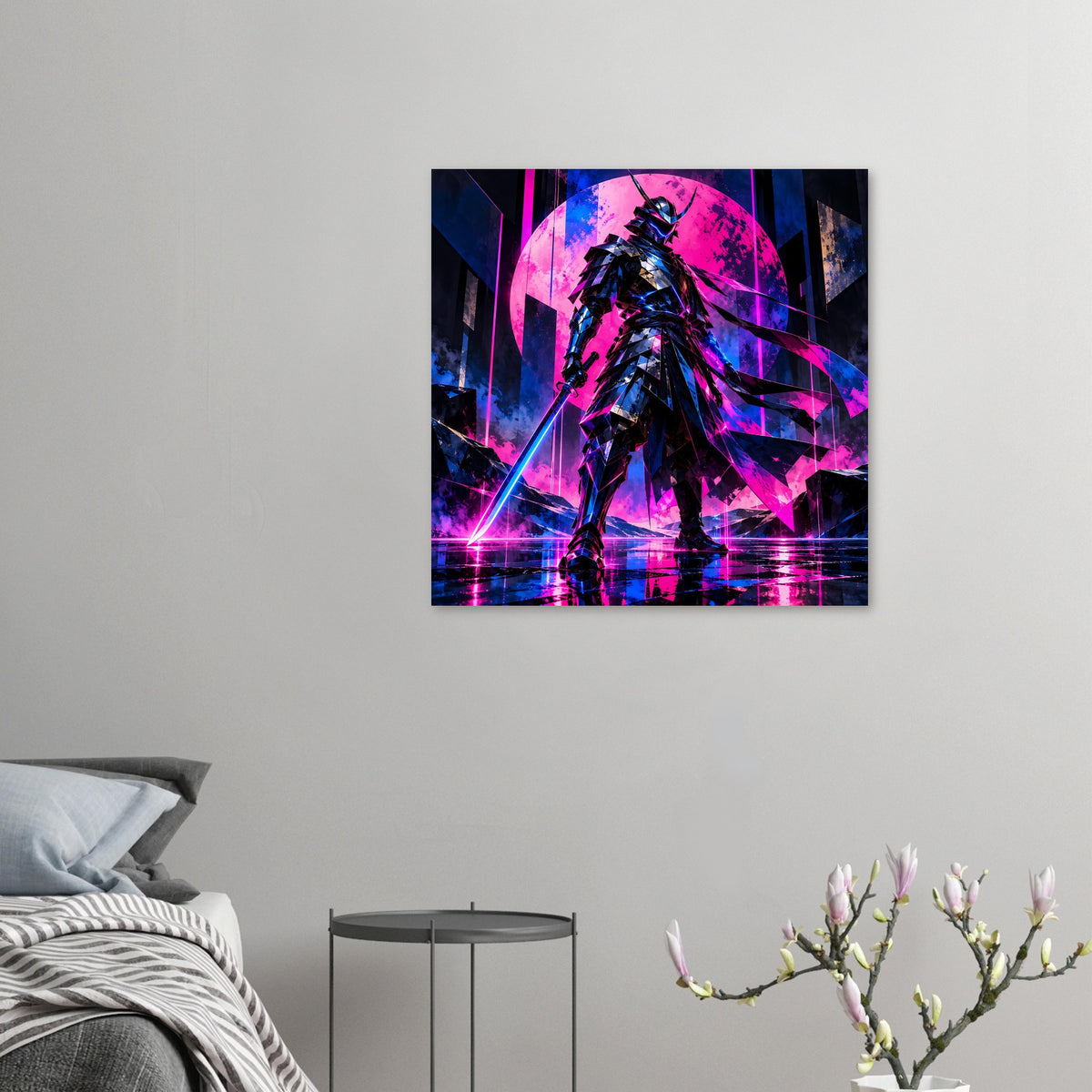 Neon-Cyberpunk-Poster im Querformat: Samurai-Krieger in Pink/Blau, klein gerahmt