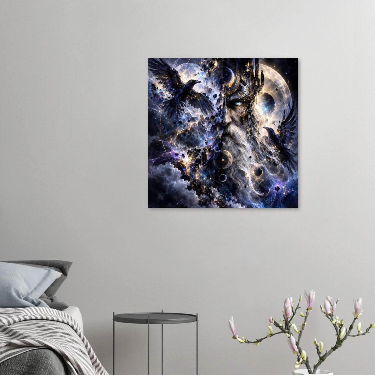 Fantasy-Poster mit Sagenkönig-Gesicht, Rabe, Sternen und galaktischem Muster