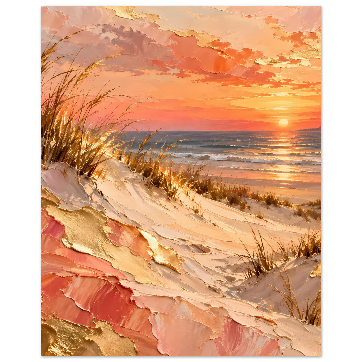 Meerposter mit Dünenlandschaft und Abendhimmel in Pfirsich‑Gold, mit Sonne am Horizont