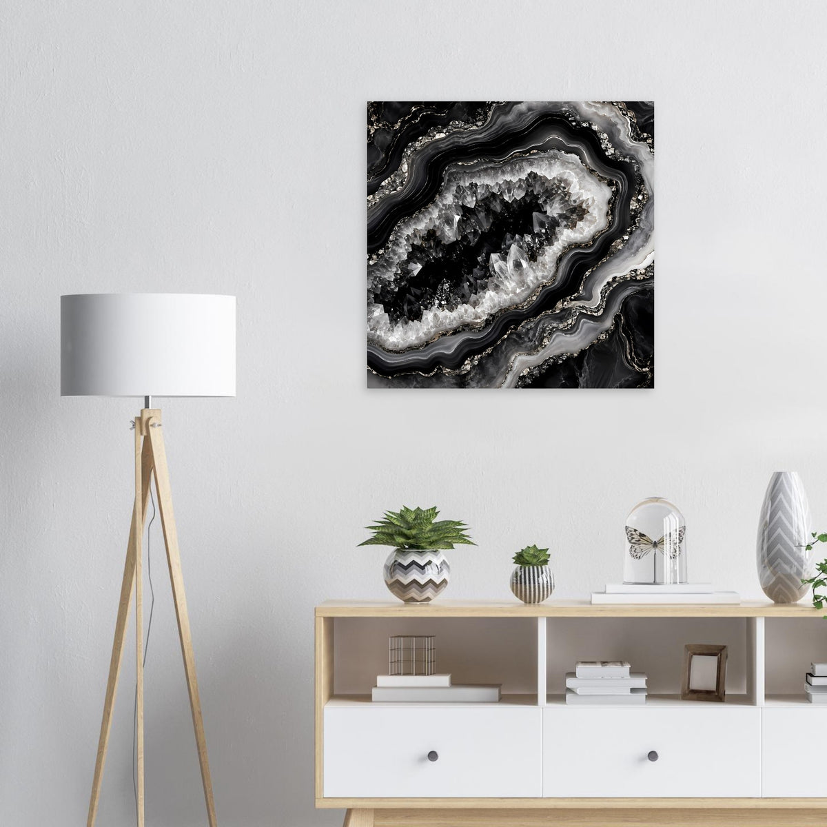 Quadratisches Geoden-Poster in Schwarz-Weiß mit glitzernden Gesteinsadern