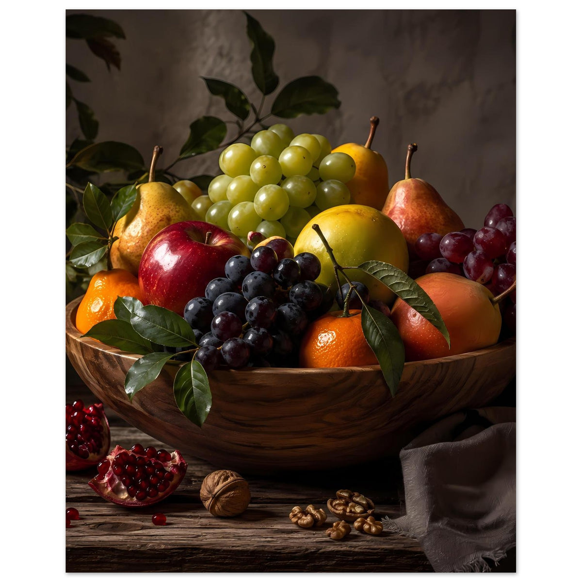 Poster mit Früchtekorb: grüne Trauben, schwarze Trauben, Apfel und Orange
