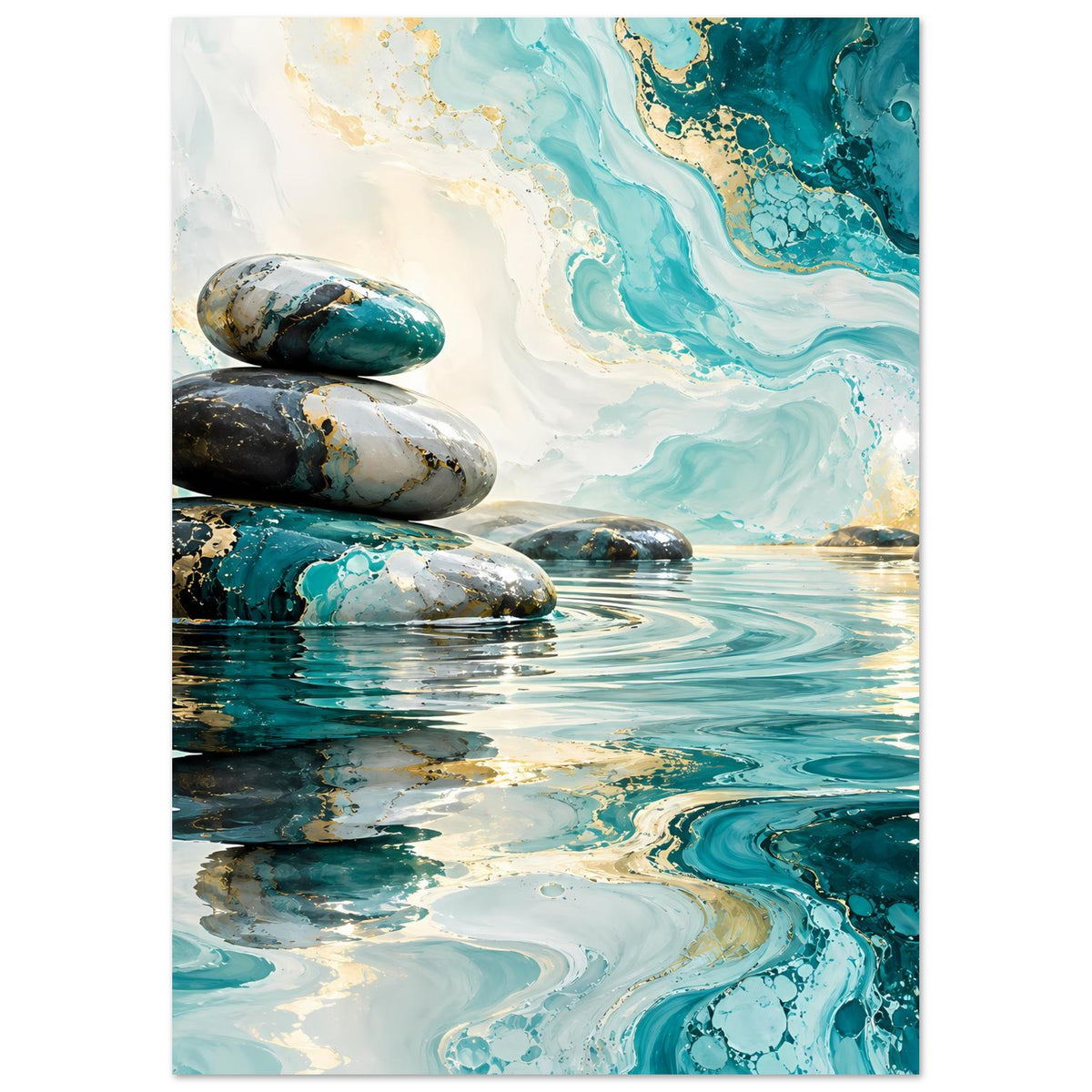 Zen-Poster mit vier Steinen links und ruhiger Wasseroberfläche in Türkis und Weiß