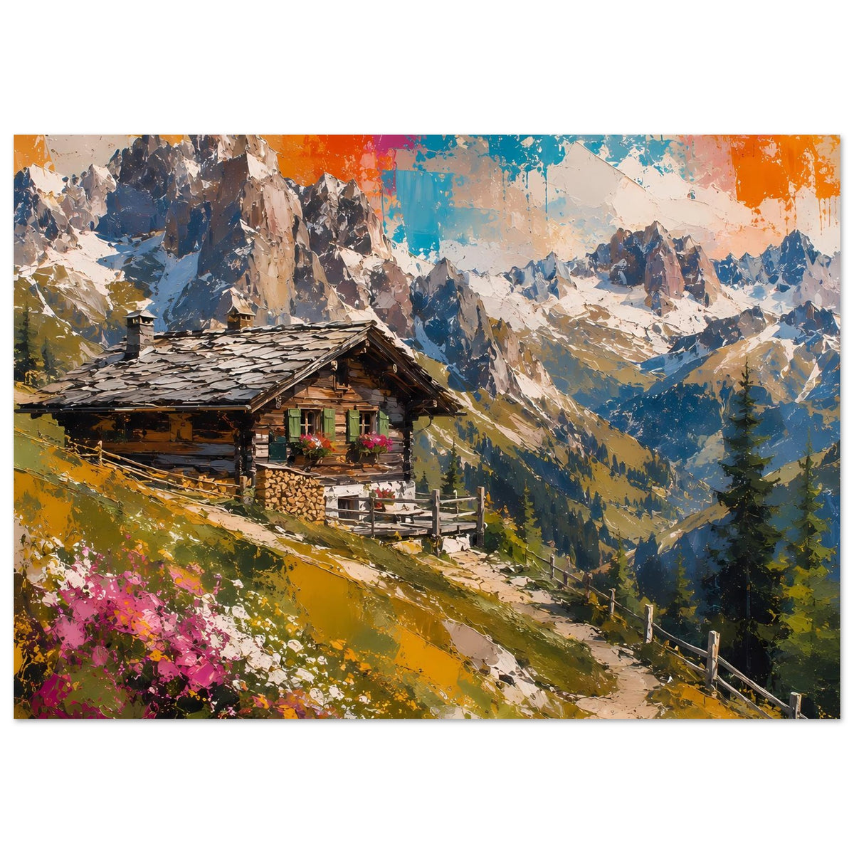 Wandposter: Hütte am Hang, Berge im Hintergrund, leuchtende Farbflecken am Himmel, Blumen