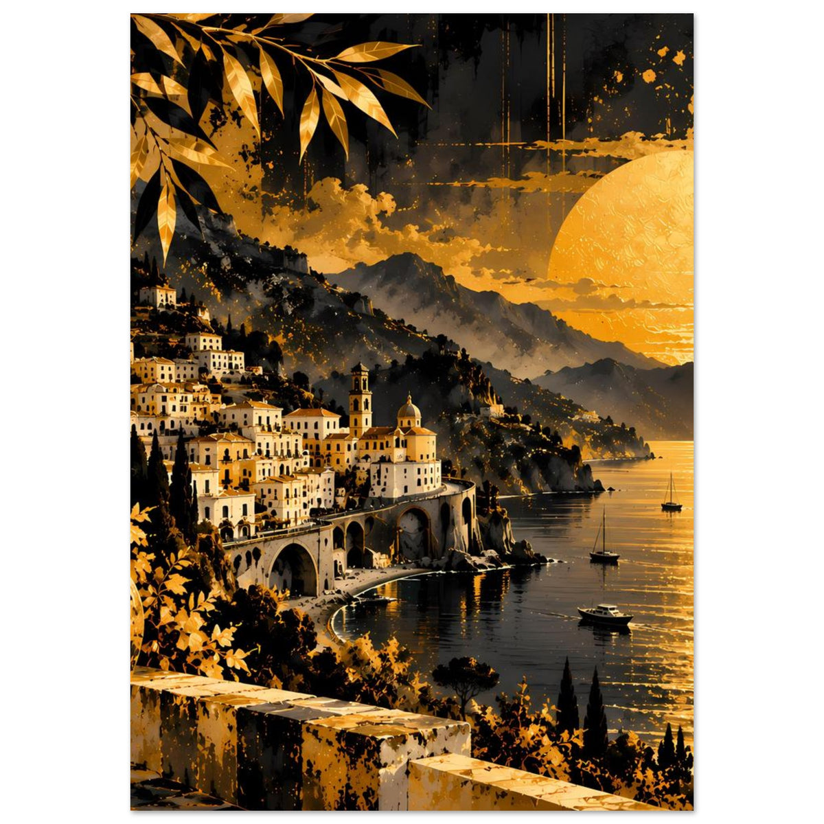 Poster mit Küstenort: Balkonvordergrund, goldene Farbflächen, großer Mond und Boote im Wasser