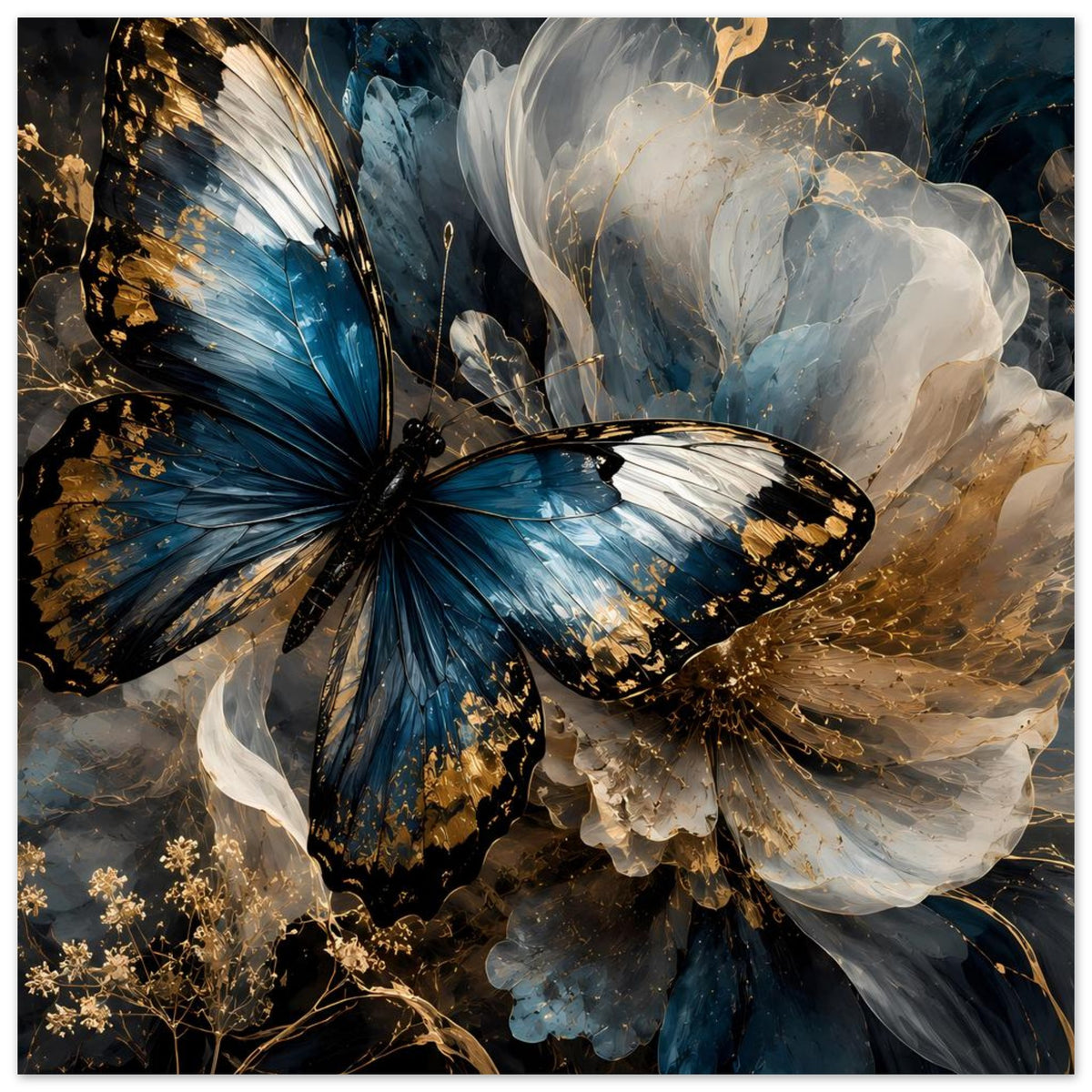 Poster (hochkant) mit blauem Schmetterling, goldenen Sprenkeln und weißen Schwingen