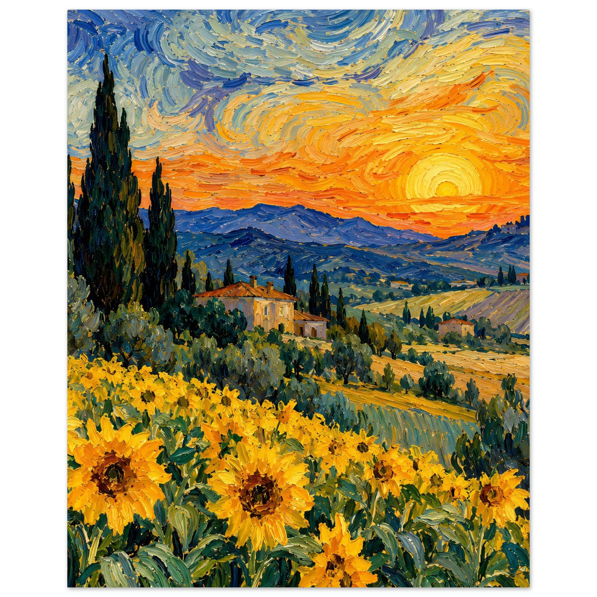 Kunstposter im Hochformat mit Sonnenuntergang, Sonne über Hügeln und Sonnenblumen
