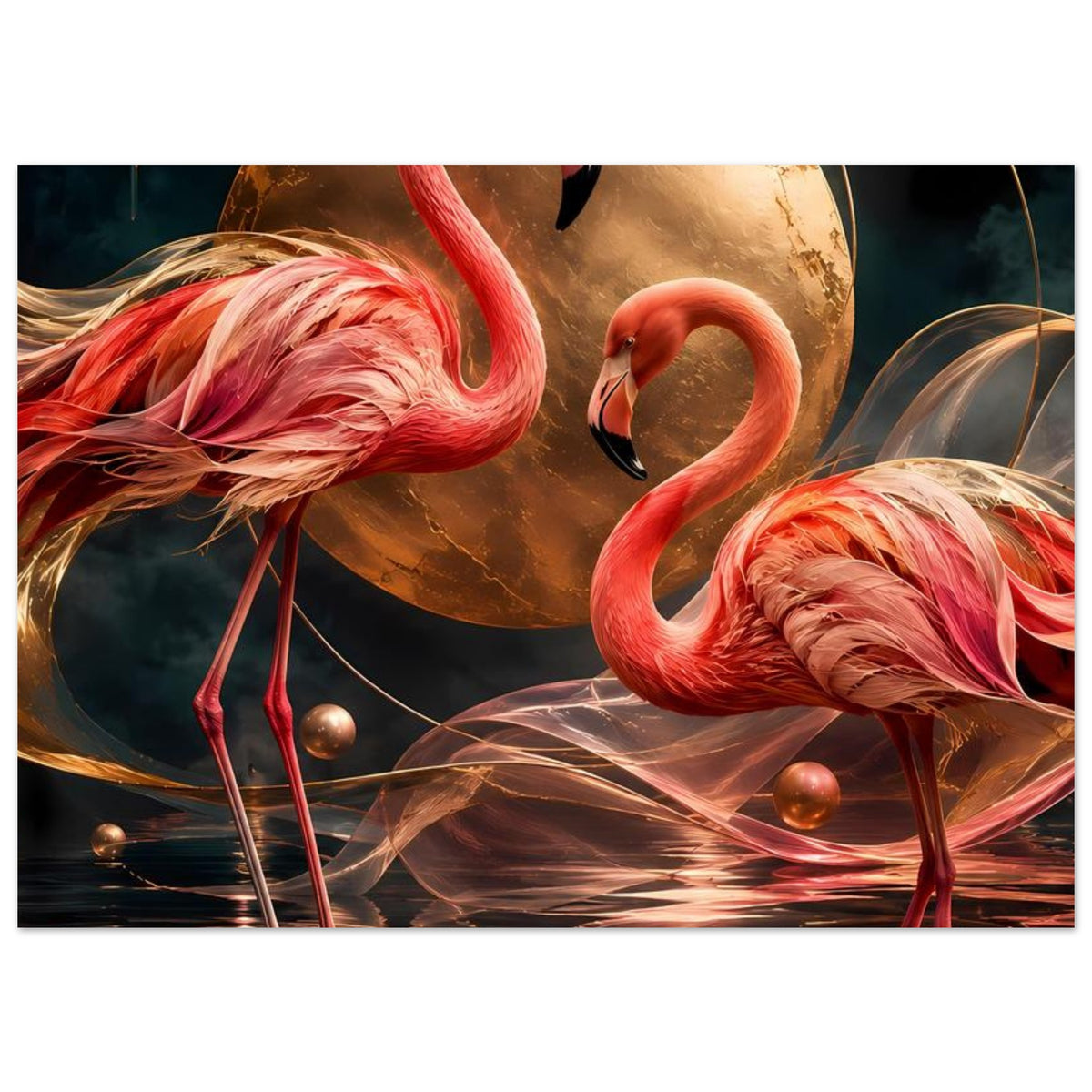 Kunstposter mit zwei rosafarbenen Flamingos, goldene Mondkugel und Spiegelung im Wasser