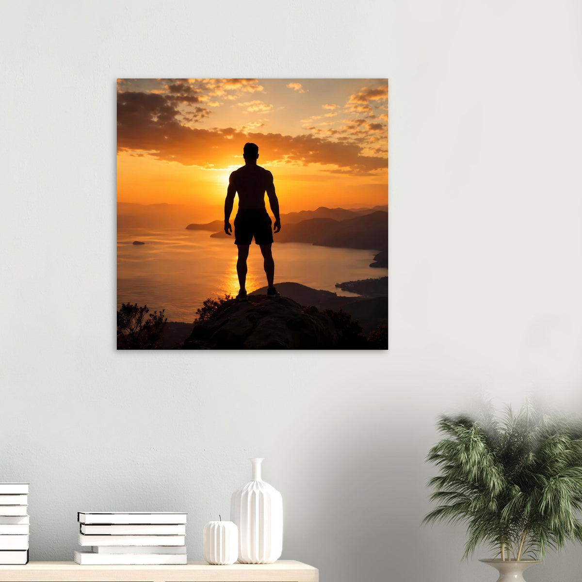 Kleines Wandposter: Silhouette eines Läufers bei goldenem Sonnenuntergang vor Küste