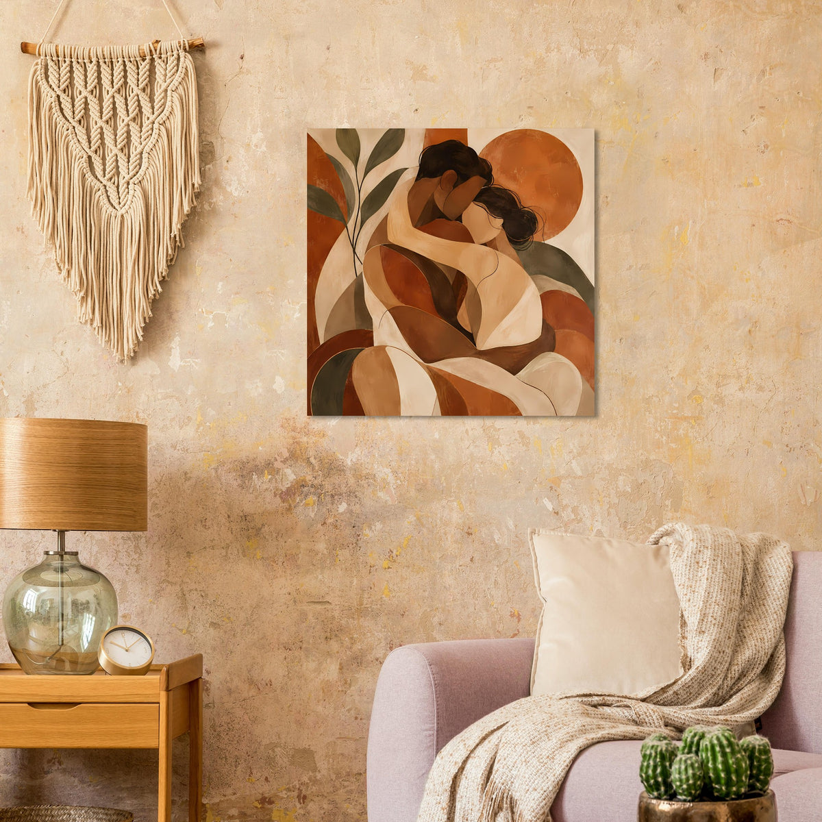 Abstraktes Poster mit figürlicher Umarmung in Terrakotta, Beige und Olivgrün