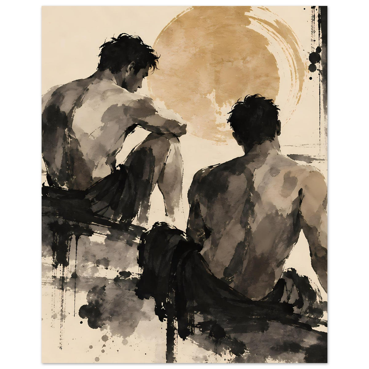 Kunstposter mit zwei männlichen Figuren, warmes Sepia mit dunklen Pinselverläufen