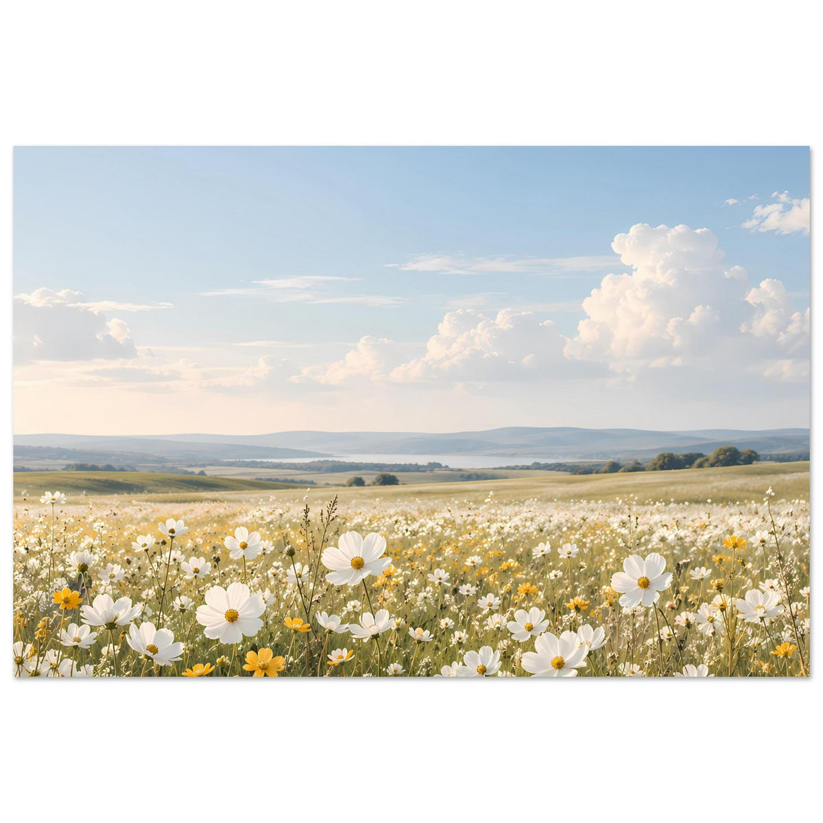 Horizontales Poster mit Wildblumenwiese, vielen weißen Blüten und blauem Himmel im Rahmen