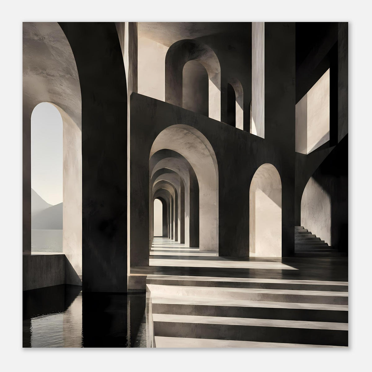 Nahaufnahme: Architekturposter mit Galerieflucht, Bögen und Treppenstufen in Schwarz‑Weiß
