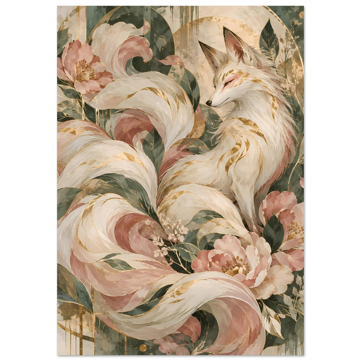 Hochkant-Poster mit weißem Fuchs, schwingenden Federn und rosafarbenen Blüten