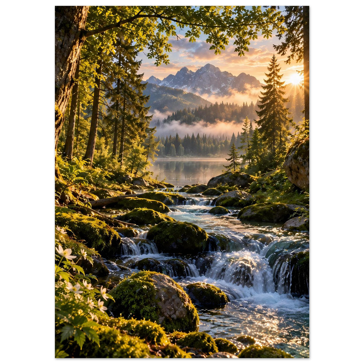 Wasserfall-Poster im Hochformat: Bachlauf über Steinbecken, Waldkulisse mit Sonnenaufgang-Licht