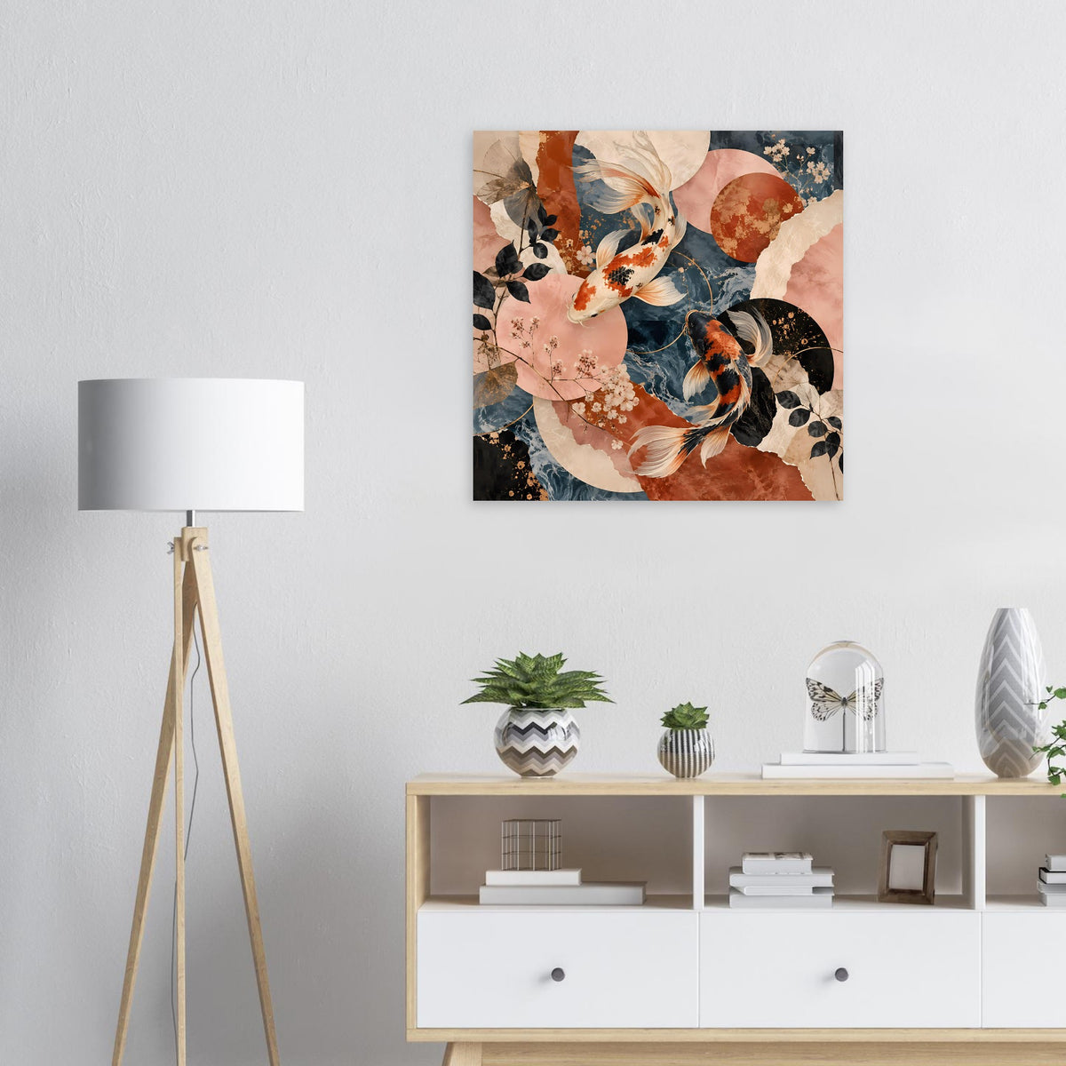 Gerahmtes Koi-Fische-Poster, abstrakt in Terrakotta- und Dunkelblau, quadratisch