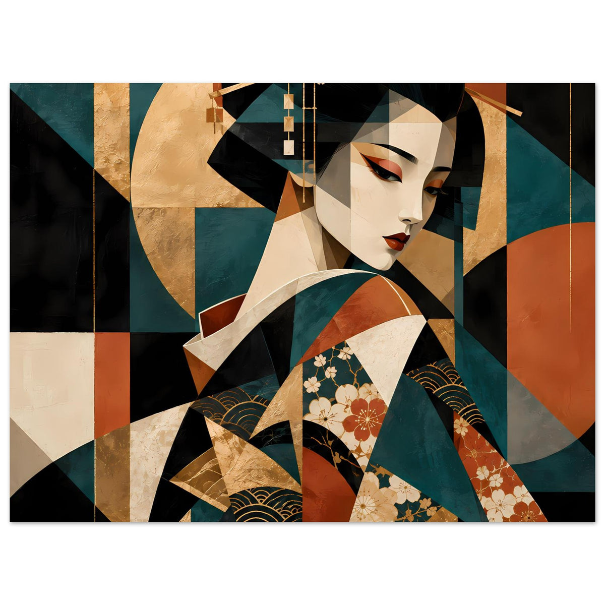 Geisha-Kunstposter, horizontale Ansicht: Profilgesicht, Kimono mit floralen Mustern
