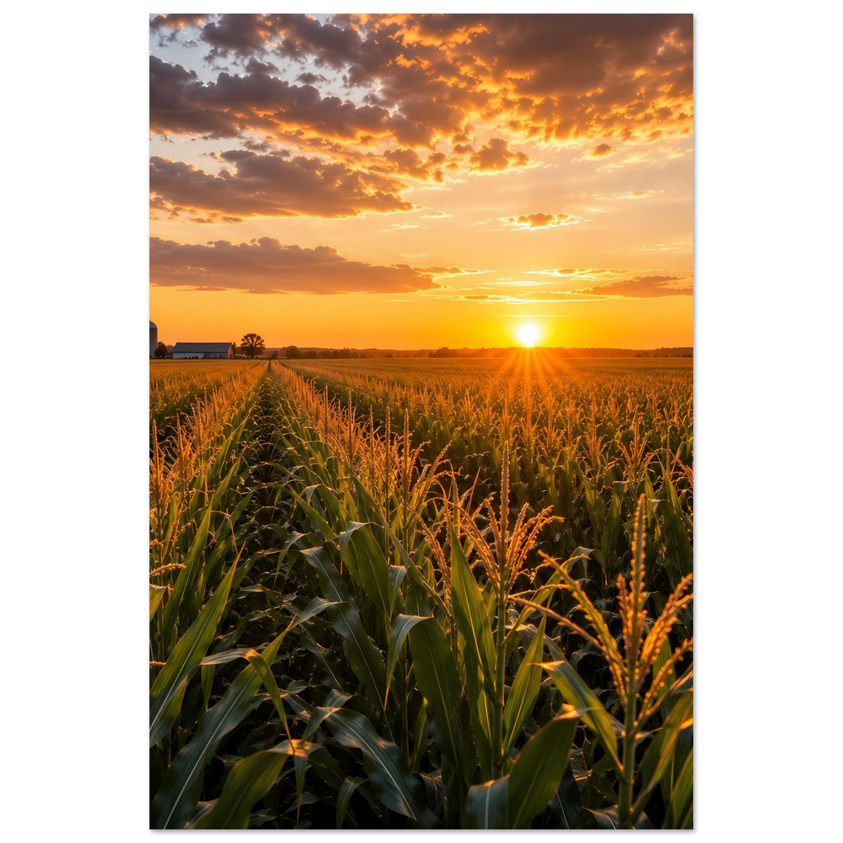 Hochkant-Poster mit Sonnenaufgang über grünen Maisfeldern und goldener Abendsonne