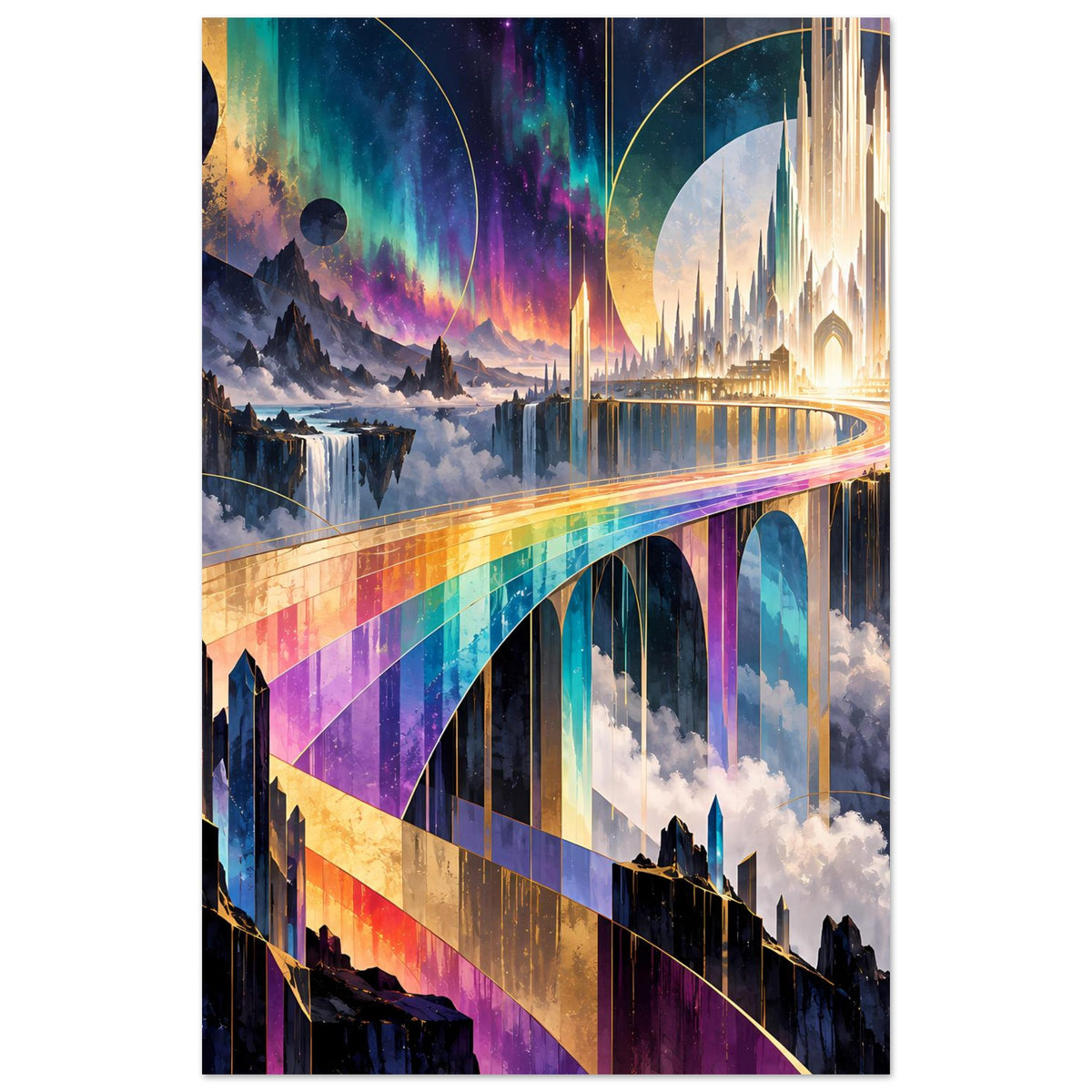 Futuristisches Kunstposter mit Regenbogenbrücke, bunte Bögen und leuchtende Lichtlinien.