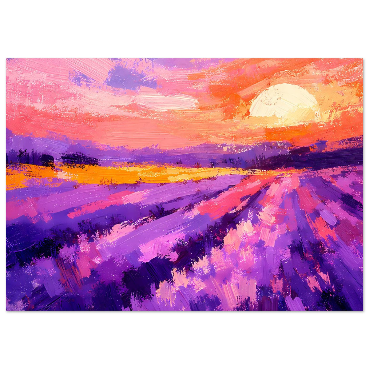 Horizontales Poster mit Lavendel-Pastell-Sonnenuntergang und Felder-Illustration, farbenreich